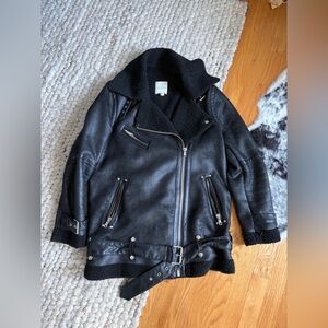 Avec les Filles Black biker aviator jacket with faux sherpa